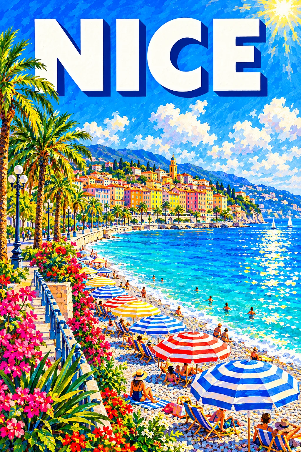 A completed diamond painting depicting a bright, sunny scene of a seaside promenade in Nice, France, with striped umbrellas, palm trees, a pebble beac