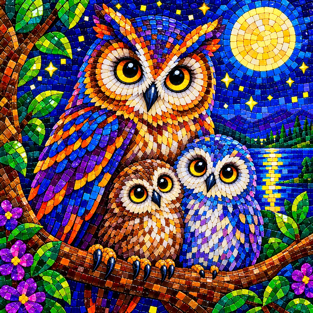 Close-up square diamond painting of an owl family perched on a branch at night, depicted in a glossy ceramic mosaic tile style with tiny, vivid drills
