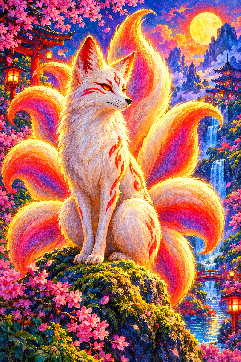 Portrait diamond painting of a kitsune fox spirit with nine glowing tails, rendered in vibrant soft pastel chalk with velvety texture, bright blended