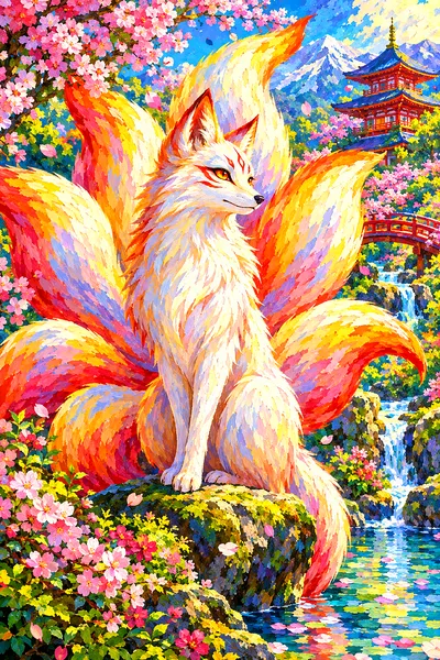 Impressionistic painting of a mystical kitsune fox spirit with nine glowing tails in bright spring colors, dappled light.