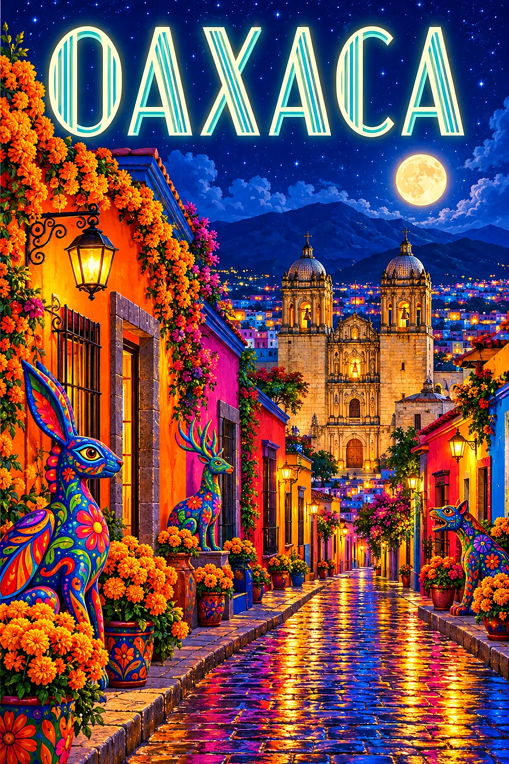 Portrait diamond painting of a colorful colonial street in Oaxaca at night with alebrije figures, marigolds, a stone church, glowing moon, stars, and