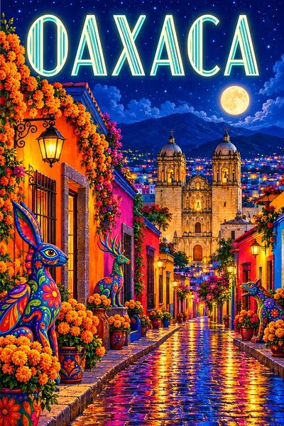 Portrait diamond painting of a colorful colonial street in Oaxaca at night with alebrije figures, marigolds, a stone church, glowing moon, stars, and
