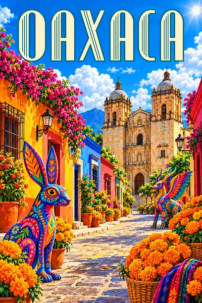 Portrait diamond painting kit depicting a sun-drenched colonial street in Oaxaca, Mexico, with colorful buildings, alebrije figures, marigolds, and a