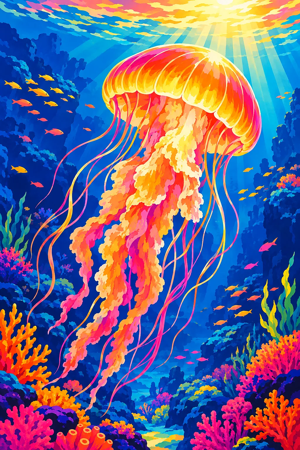 Portrait diamond painting featuring a glowing jellyfish in pink, orange, and gold, set against a dark ocean, in a retro vintage illustration style.
