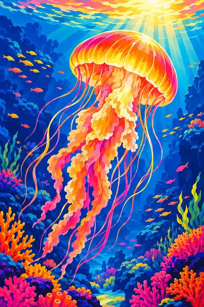 Portrait diamond painting featuring a glowing jellyfish in pink, orange, and gold, set against a dark ocean, in a retro vintage illustration style.