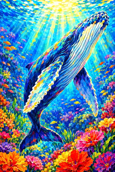 Impressionistic diamond painting kit of a humpback whale swimming gracefully under bright sun rays, surrounded by colorful, radiant underwater flowers