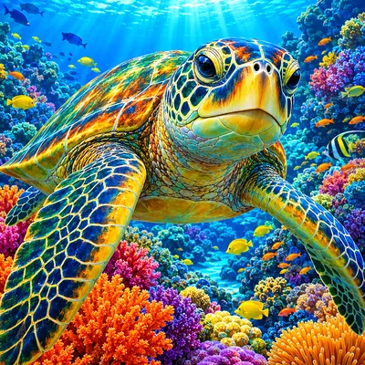 Close-up square diamond painting depicting a sea turtle with green and brown shell swimming gracefully over a colorful coral reef, surrounded by blue