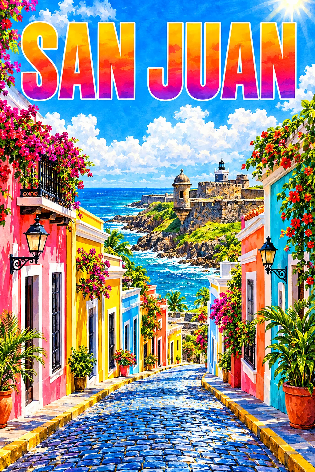 Portrait diamond painting of a bright blue cobblestone street in Old San Juan with colorful colonial houses and a stone fortress by the sea under a su