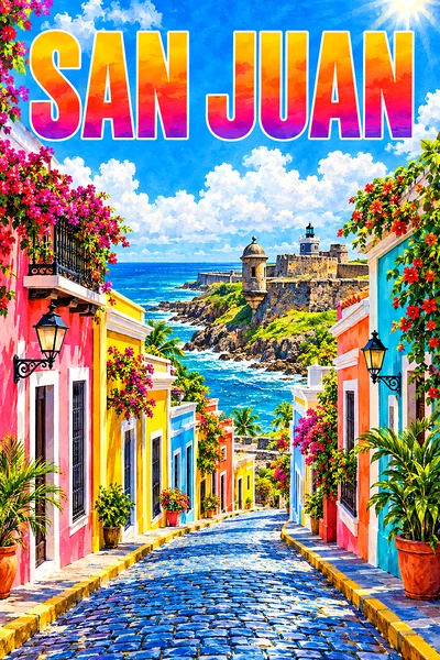 Portrait diamond painting of a bright blue cobblestone street in Old San Juan with colorful colonial houses and a stone fortress by the sea under a su