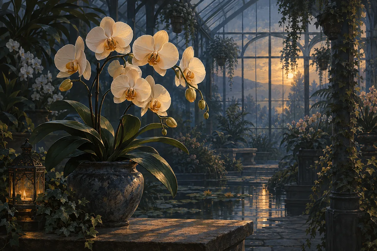 Landscape diamond painting depicting orchids in a greenhouse with deep muted blues and greys and soft amber light.