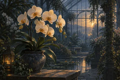 Landscape diamond painting depicting orchids in a greenhouse with deep muted blues and greys and soft amber light.
