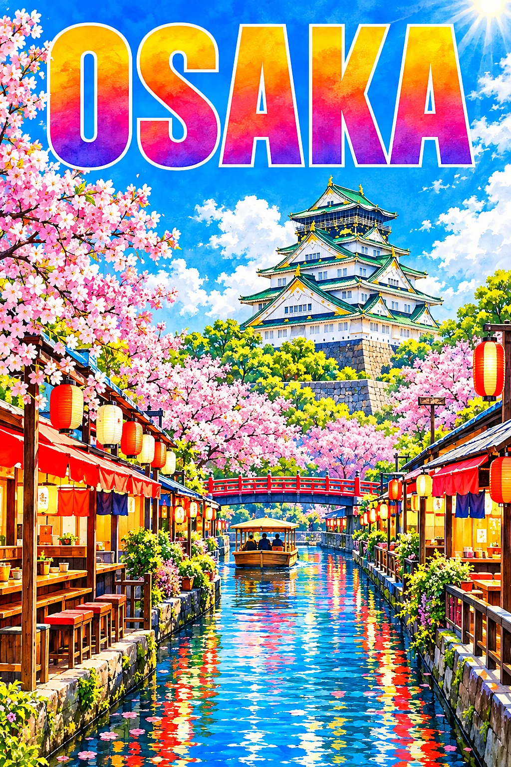 Portrait diamond painting kit showing a sunny Japanese canal street with food stalls, paper lanterns, a white castle, and cherry blossoms under a blue