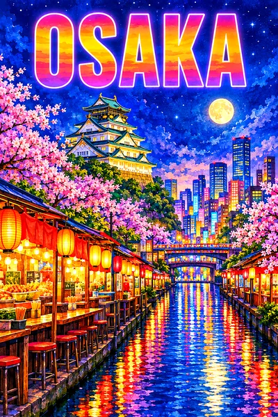 Portrait diamond painting of a vibrant canal street at night in Osaka, Japan, with food stalls, paper lanterns, a white castle, cherry blossoms, warm