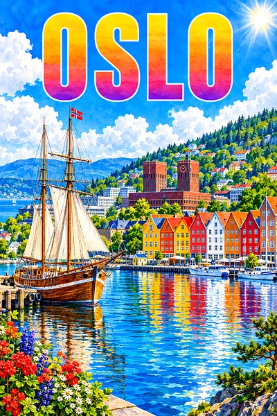 Portrait diamond painting depicting a sunlit fjord harbor with a wooden ship, colorful houses, pine hills, blue sky, and white clouds.