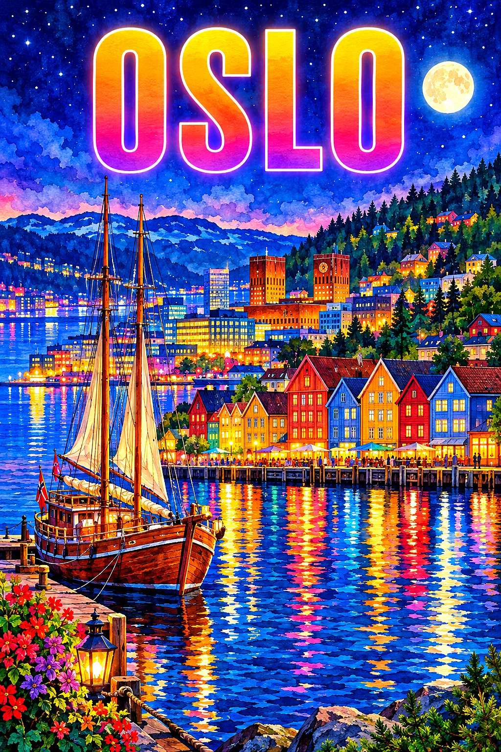 Portrait diamond painting depicting a night scene of a fjord harbor with a wooden sailing ship, colorful houses, pine hills, starry sky, glowing moon,
