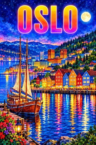 Portrait diamond painting depicting a night scene of a fjord harbor with a wooden sailing ship, colorful houses, pine hills, starry sky, glowing moon,