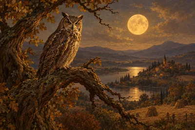 A classical, old-world oil painting style diamond painting depicting an owl on a twisted tree under a warm harvest moon in a wide, scenic landscape.