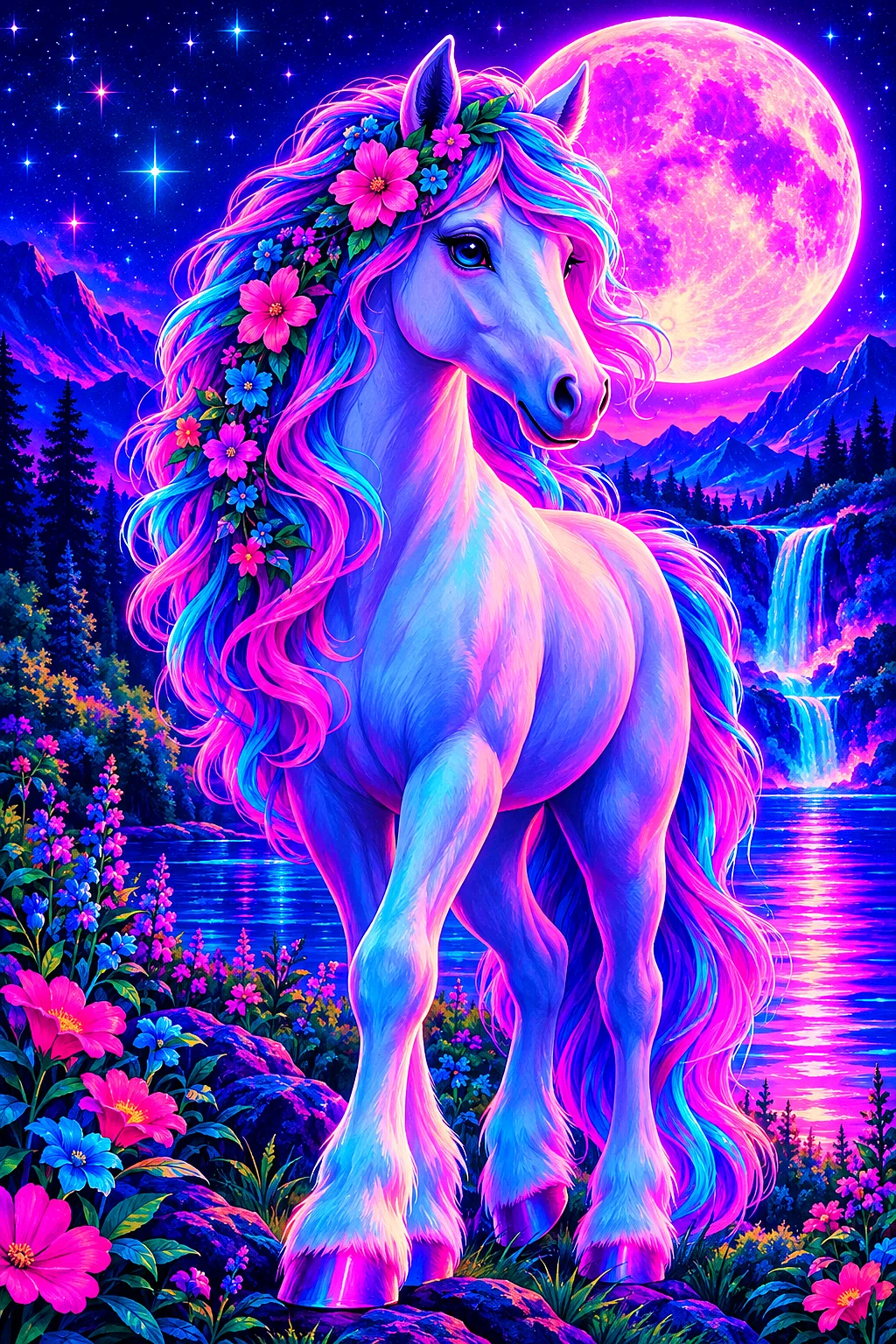 Painted pony with flowers in its mane glowing under moonlight and stars, retro 1980s synthwave artwork
