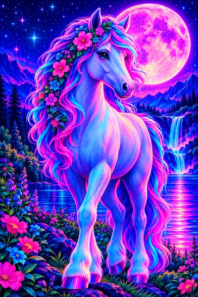 Painted pony with flowers in its mane glowing under moonlight and stars, retro 1980s synthwave artwork