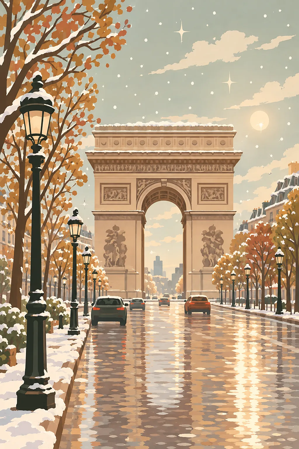 Modern boho illustration of the Arc de Triomphe on a sparkling Parisian boulevard in terracotta, sage, mustard, and sand tones.