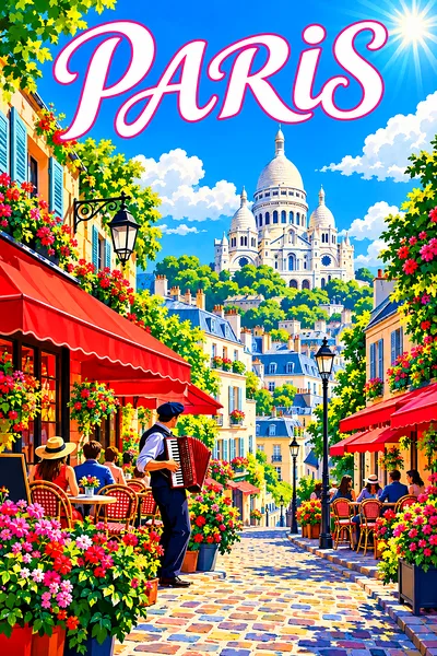 Retro vintage illustration of a Parisian cobblestone street with cafes, red awnings, flowers, an accordion player, and a white-domed basilica against