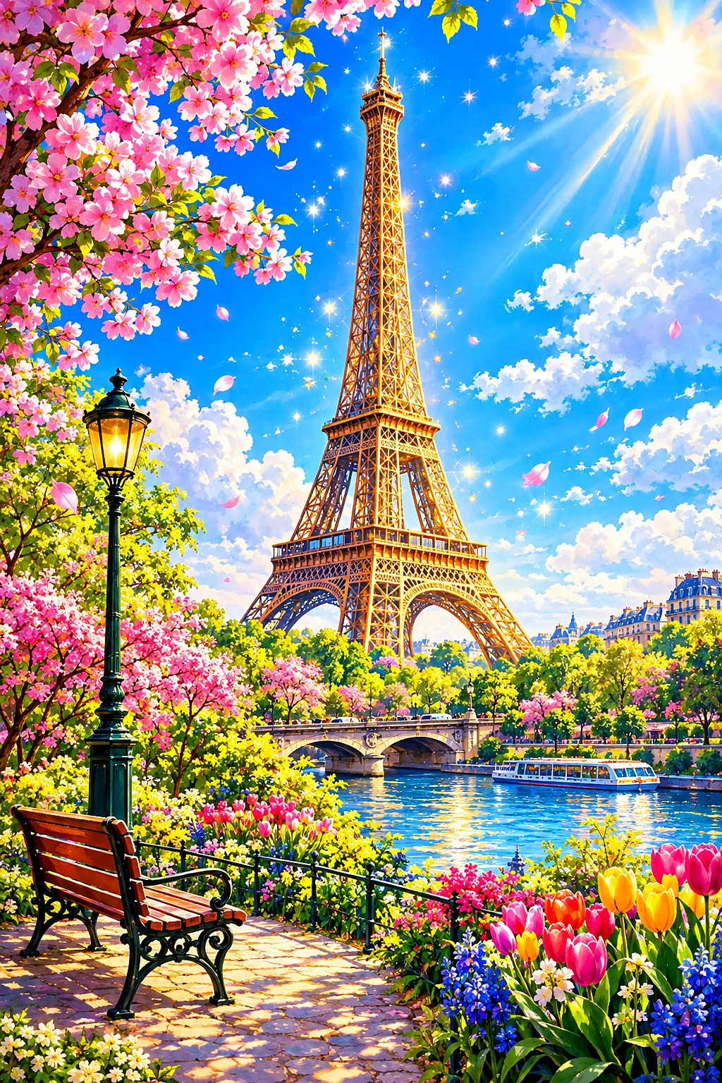 Dreamy fantasy illustration of an iconic iron tower above a vibrant Parisian park, with glowing light, magical sparkles, and bright spring colors.