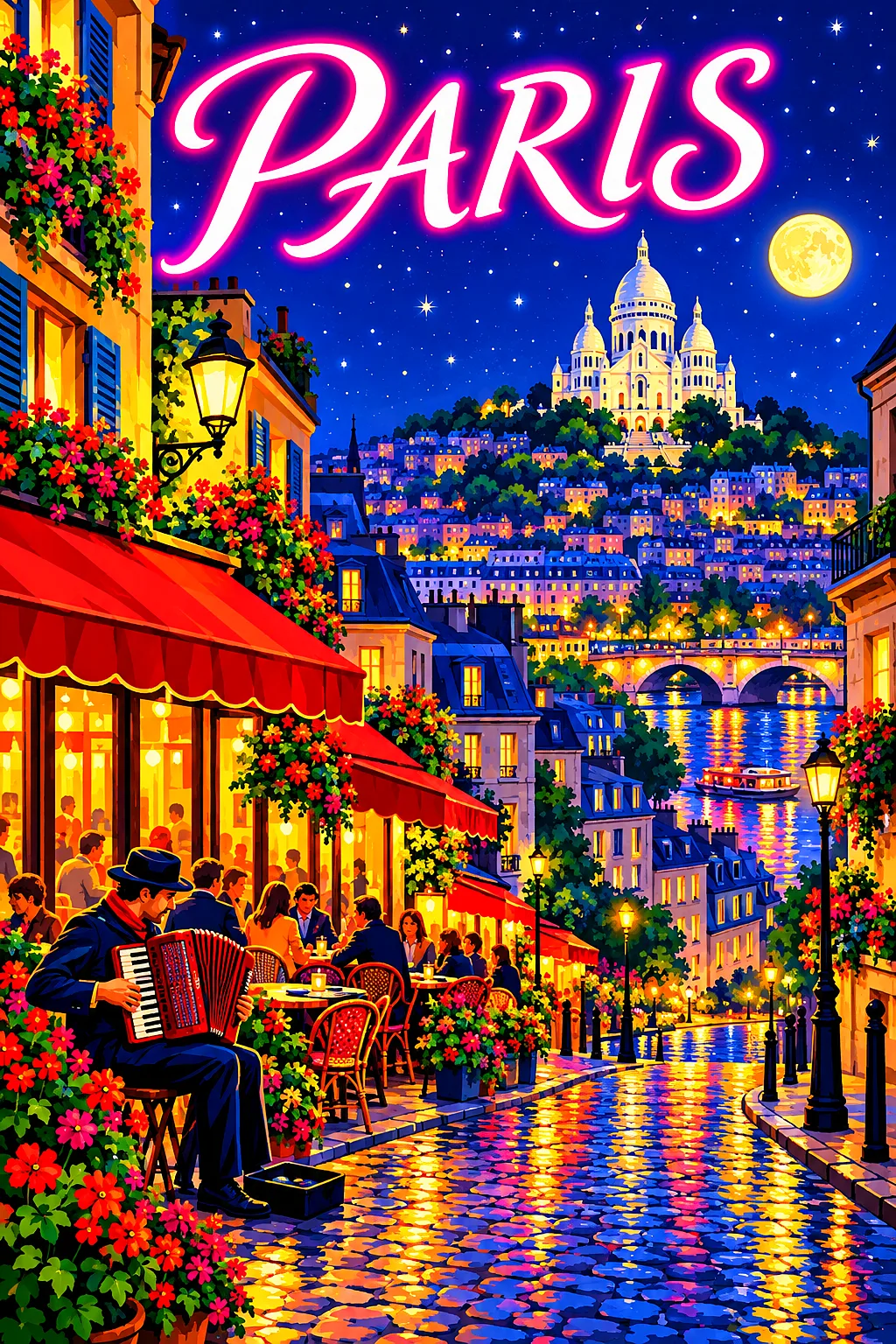 Retro vintage illustration style diamond painting kit depicting a cobblestone street of cafes with red awnings and flower boxes, an accordion player,