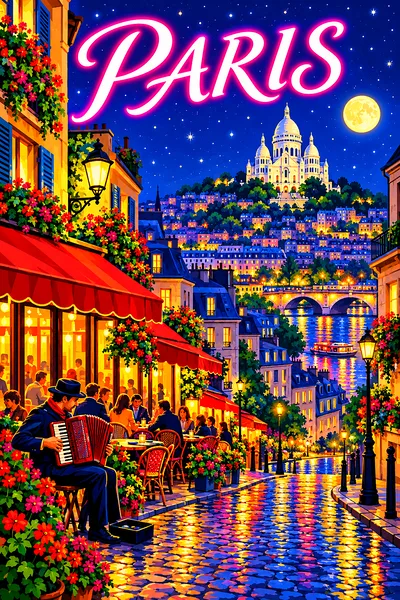 Retro vintage illustration style diamond painting kit depicting a cobblestone street of cafes with red awnings and flower boxes, an accordion player,