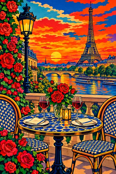 Diamond painting kit canvas depicting a traditional Japanese woodblock print style image of a Parisian cafe table set for two with roses under a vivid