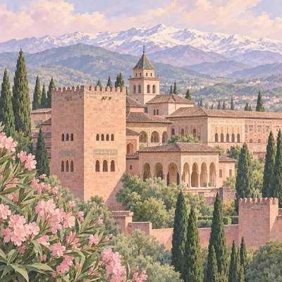 Close-up square diamond painting canvas depicting a Moorish palace in powder pink, sage green, lavender, and cream, with distant mountains behind.
