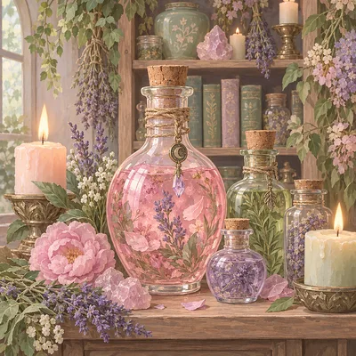 A close-up view of a diamond painting depicting a vintage apothecary shelf filled with pastel potions, candles, and jars in powder pink, sage green, l