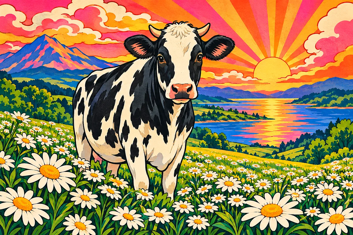 A landscape diamond painting kit featuring a stylized dairy cow in a field of white daisies under a sunrise sky, rendered in a Japanese woodblock prin