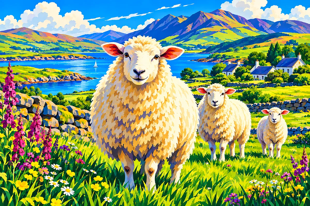 A completed diamond painting kit showing fluffy white sheep with pink ears in a bright green pasture under a blue sky, in a bold, simplified retro tra