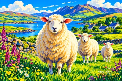 A completed diamond painting kit showing fluffy white sheep with pink ears in a bright green pasture under a blue sky, in a bold, simplified retro tra