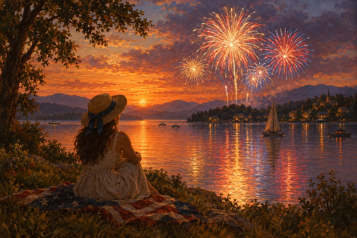 Oil painting style diamond painting depicting fireworks bursting over a calm lake under a vivid sunset sky, with warm earthy tones and soft shadows.