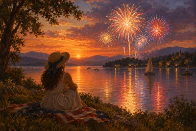Oil painting style diamond painting depicting fireworks bursting over a calm lake under a vivid sunset sky, with warm earthy tones and soft shadows.