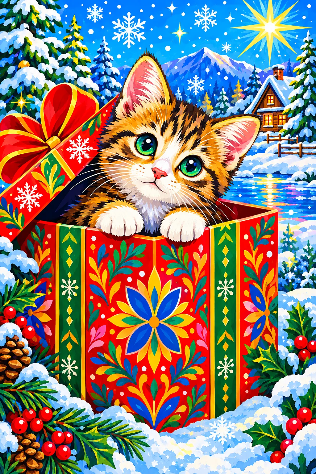 Bright folk art illustration of a small, fluffy kitten with wide eyes peeking out of a decorated red and white polka-dotted gift box with a large gree