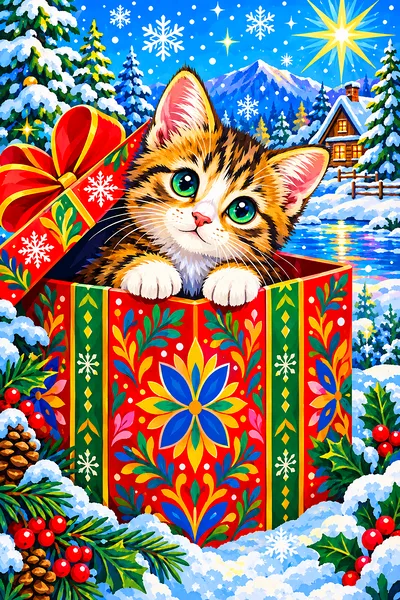 Bright folk art illustration of a small, fluffy kitten with wide eyes peeking out of a decorated red and white polka-dotted gift box with a large gree