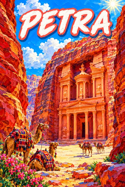 Petra by day Jordan: a narrow rose-red canyon opening onto an ancient carved stone treasury with camels, on a bright sunny da