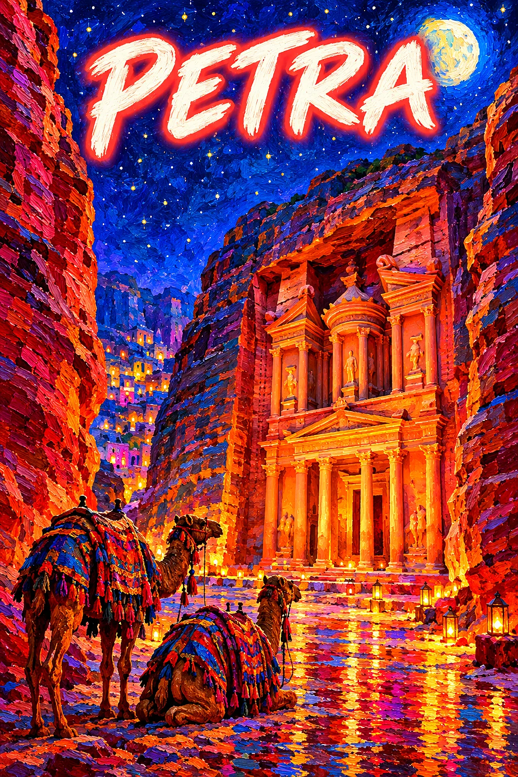 Portrait diamond painting of a narrow, rose-red canyon opening onto an ancient carved stone treasury with camels, at night under a starry indigo sky w