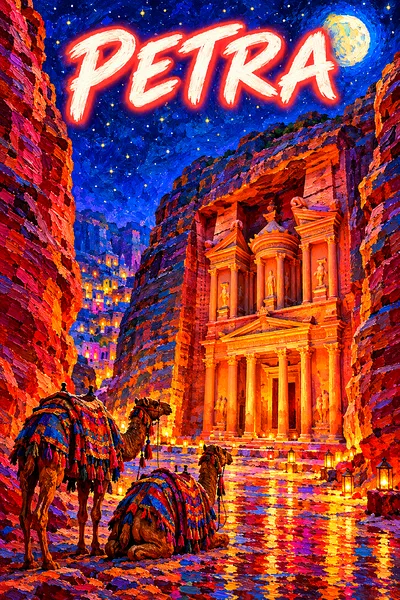 Portrait diamond painting of a narrow, rose-red canyon opening onto an ancient carved stone treasury with camels, at night under a starry indigo sky w