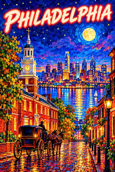 Portrait diamond painting of a colonial brick street in an American city at night with a clock tower hall, horse-drawn carriage, glowing windows, rive