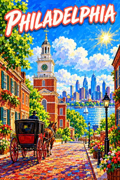 Portrait diamond painting of a colonial brick street, clock tower, horse-drawn carriage, river skyline, blue sky, and sun.