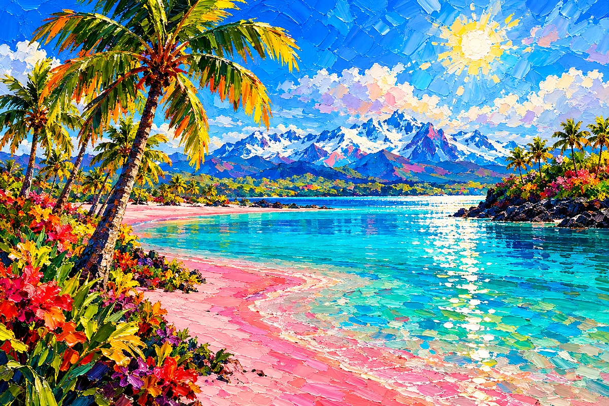 Impasto oil painting style diamond painting kit depicting a tropical lagoon with pink sand and tall palm trees under a bright sky.