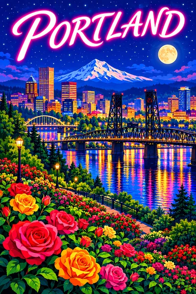 Retro vintage illustration of a city at night with steel bridges, a river reflecting colorful lights, a full moon, and a distant snow-capped mountain
