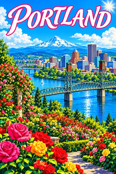 A retro-vintage diamond painting kit depicting a bright, sunny riverside city with steel bridges, a rose garden, and a distant snow-capped mountain un
