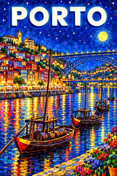 Impressionist diamond painting kit of Porto at night, showing colorful houses, a two-level iron bridge, glowing windows, and water reflections under a
