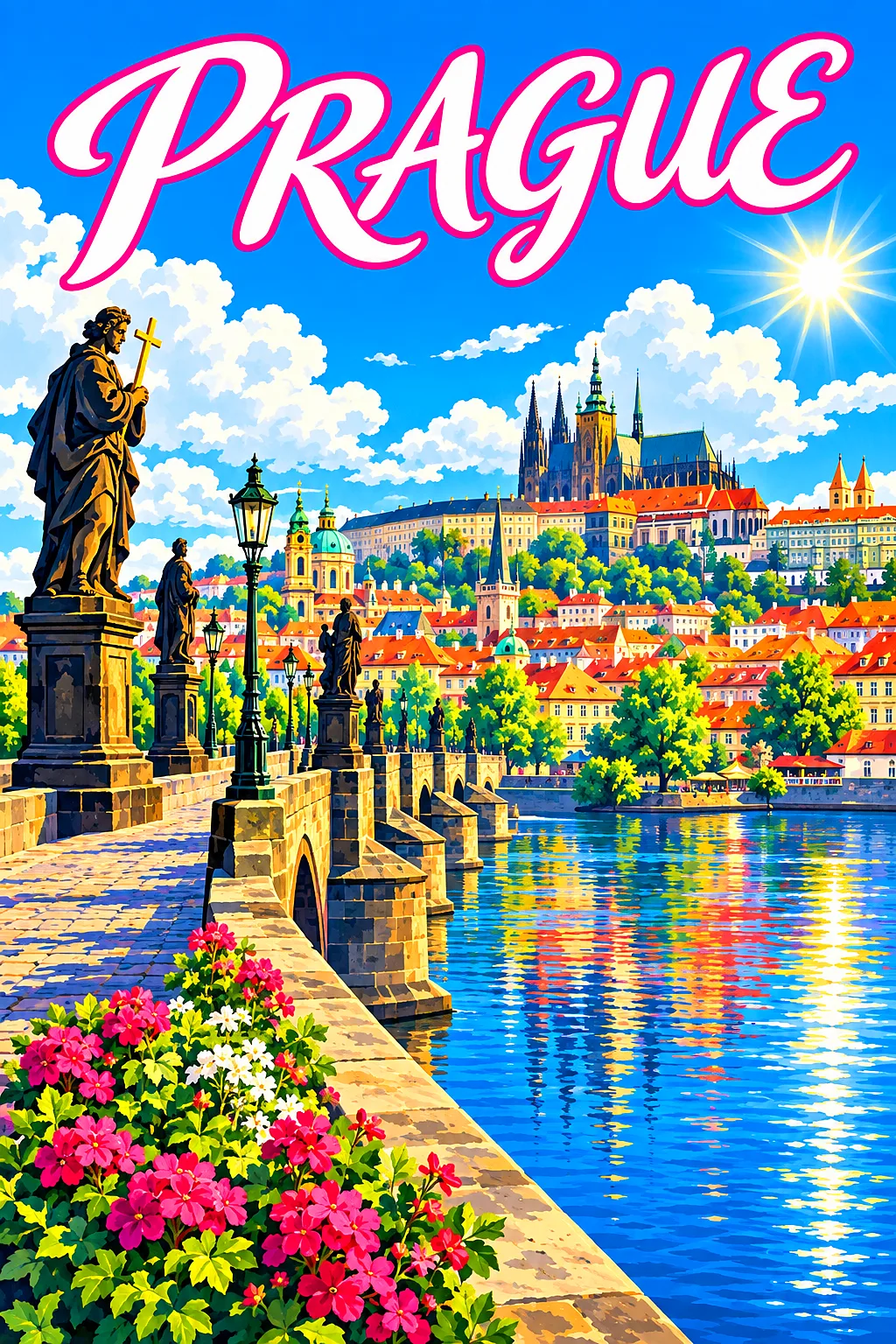 Retro vintage diamond painting kit showing a statue-lined stone bridge over a river with a hilltop castle and red-roofed towers, under a bright blue s