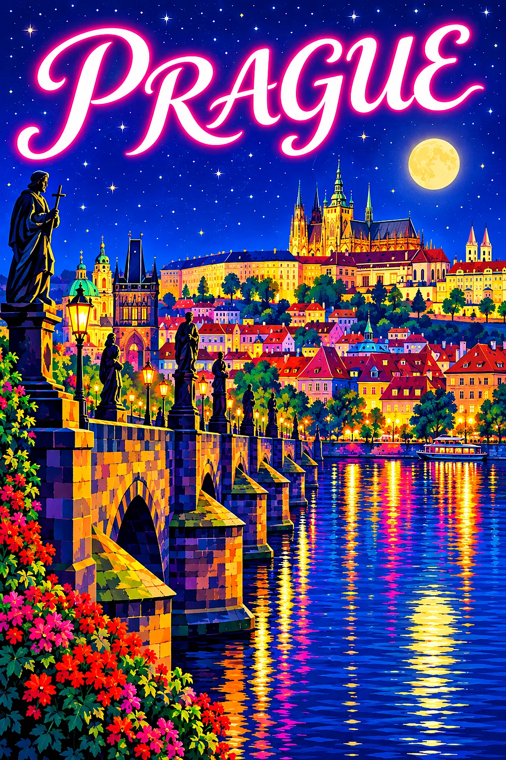 Retro vintage illustration of Prague at night: a statue-lined stone bridge over a river, a hilltop castle, red-roofed towers, glowing windows, city li