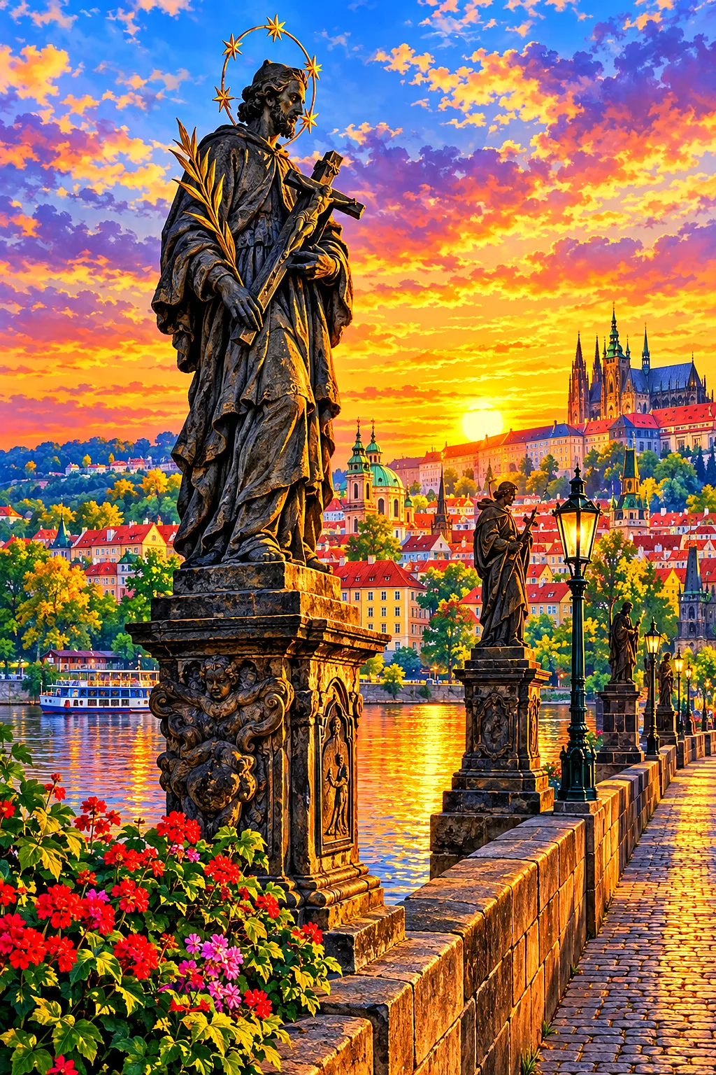 A portrait-oriented diamond painting kit design showing stone statues on the Charles Bridge in Prague, bathed in warm golden hour light with lush, det